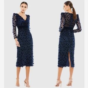 NWOT Mac Duggal Embellished V Neck Illusion Long Sleeve Column Navy Midi Sz 16